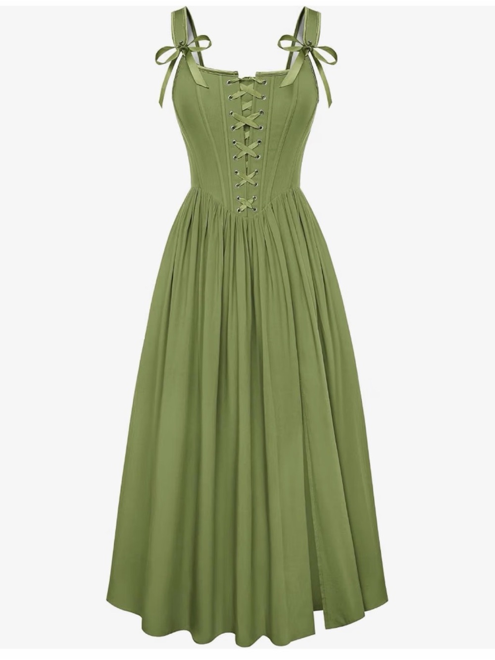Size M Scarlet Darkness Tie-Shoulder Olive Corset Maxi Dress